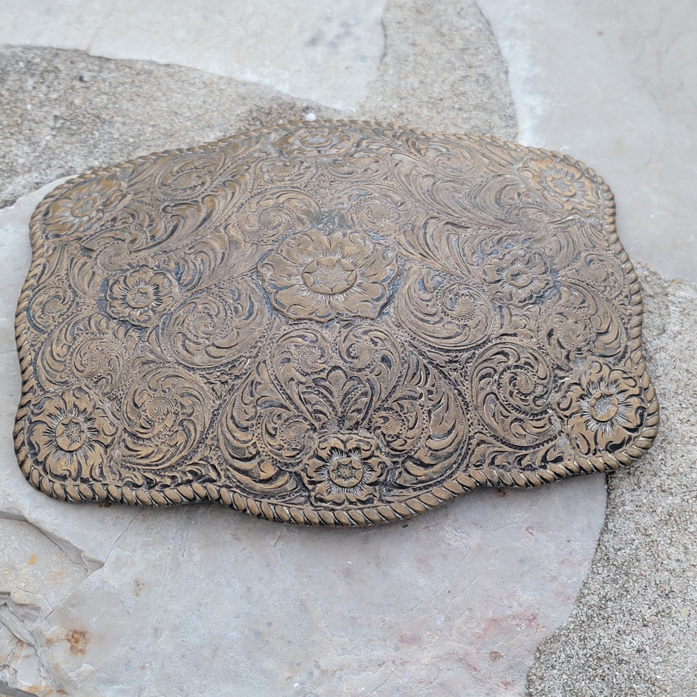 Hand-Tooled Leather Western Belt Panel in Distressed Brown